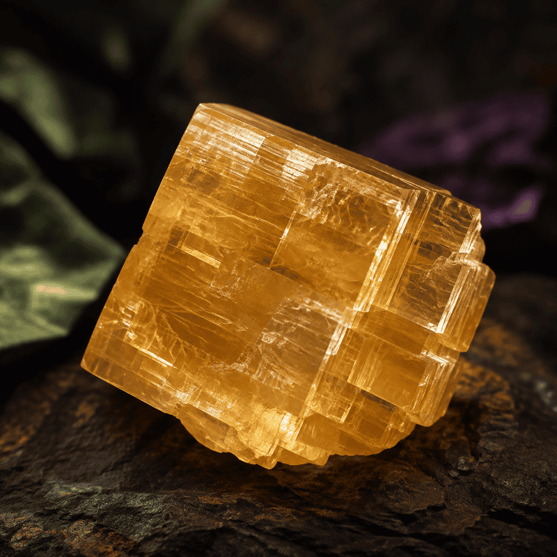 Close-up of a golden salt crystal with geometric structure on dark background.