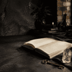 Modern Witchcraft for Beginners: How to Start Your Practice 4 Cozy reading space with open book, candle, and decorative items in a rustic setting.