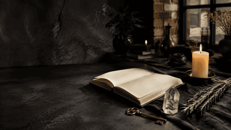 Cozy reading space with open book, candle, and decorative items in a rustic setting.