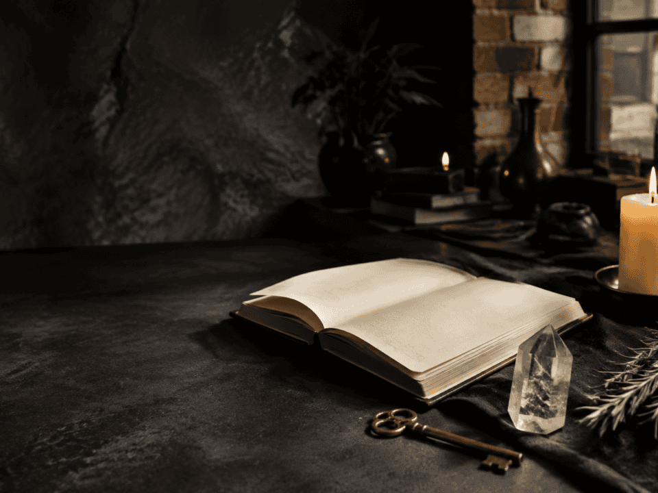 Cozy reading space with open book, candle, and decorative items in a rustic setting.