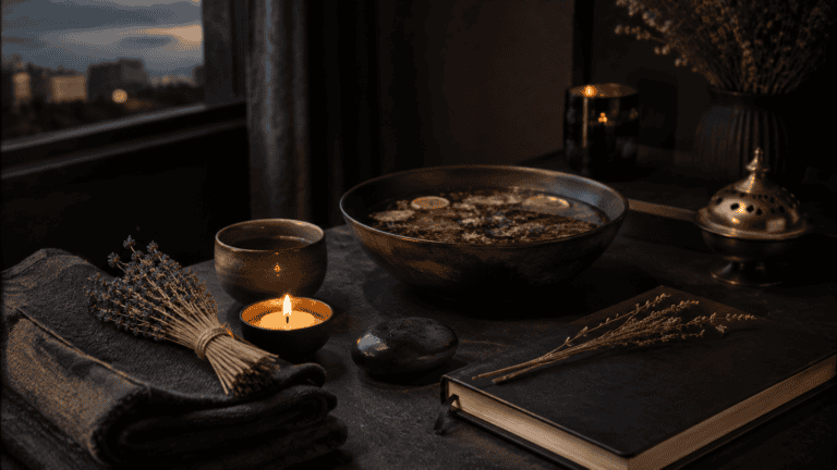 Modern Witchcraft and Self-Care: Building a Personal Practice 1 Calm spa setting with bowl of herbs, candles, and towels for relaxation.