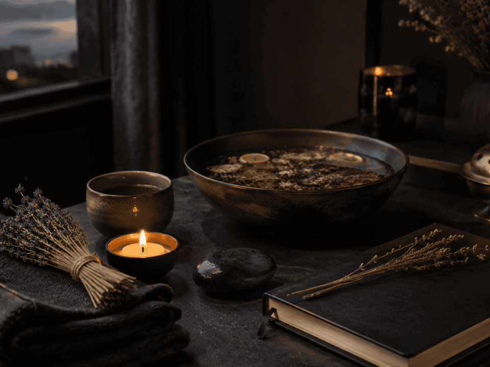 Calm spa setting with bowl of herbs, candles, and towels for relaxation.