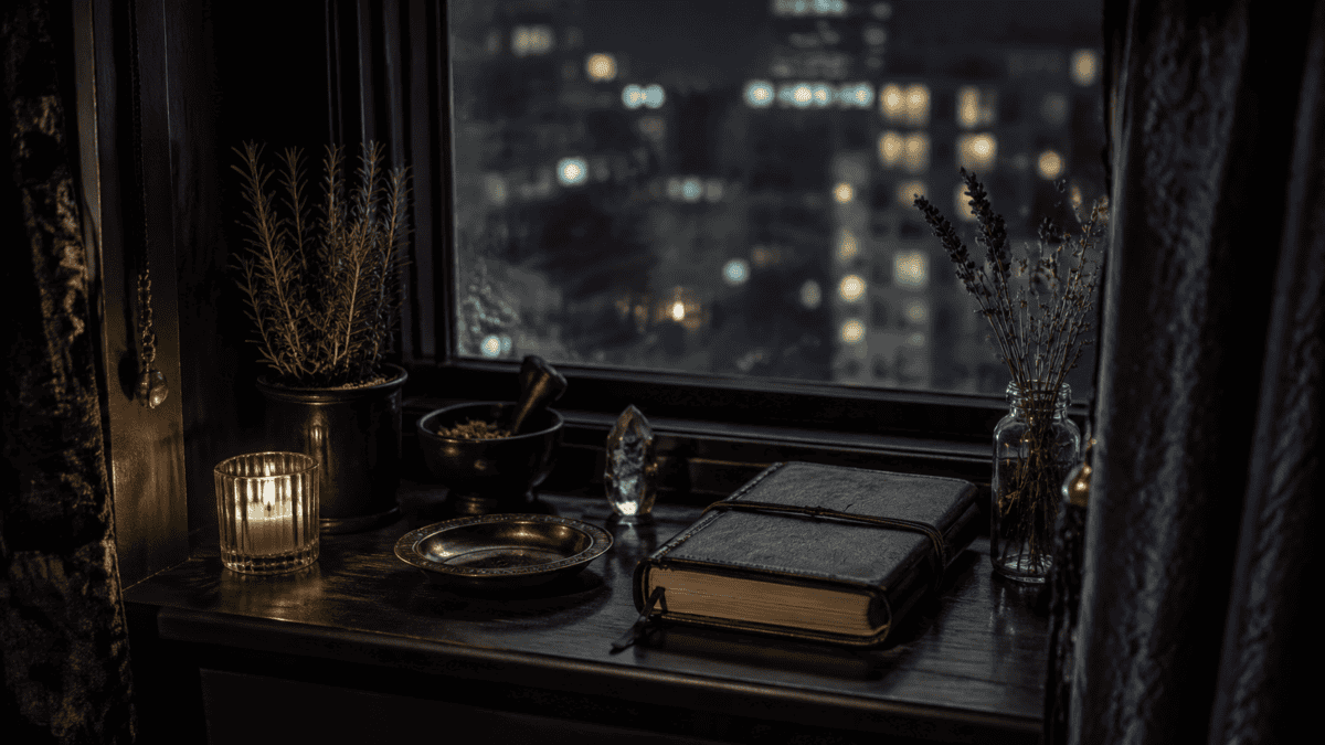 How to Practice Urban Witchcraft in a Small Space 6 Nighttime desk setup with plants, candles, and a window view of city lights.