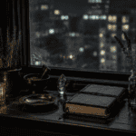 How to Practice Urban Witchcraft in a Small Space 3 Nighttime desk setup with plants, candles, and a window view of city lights.