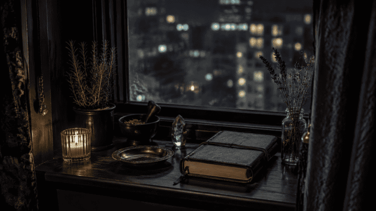 How to Practice Urban Witchcraft in a Small Space 1 Nighttime desk setup with plants, candles, and a window view of city lights.