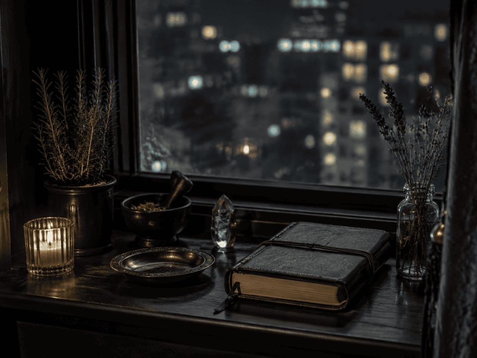How to Practice Urban Witchcraft in a Small Space 2 Nighttime desk setup with plants, candles, and a window view of city lights.