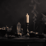 Calm altar scene with candles, crystals, and incense for meditation and relaxation.