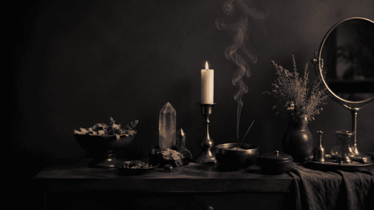 Calm altar scene with candles, crystals, and incense for meditation and relaxation.