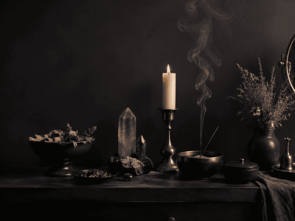 Calm altar scene with candles, crystals, and incense for meditation and relaxation.