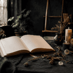 Open book surrounded by candles, crystals, and herbs in a mystical setting.