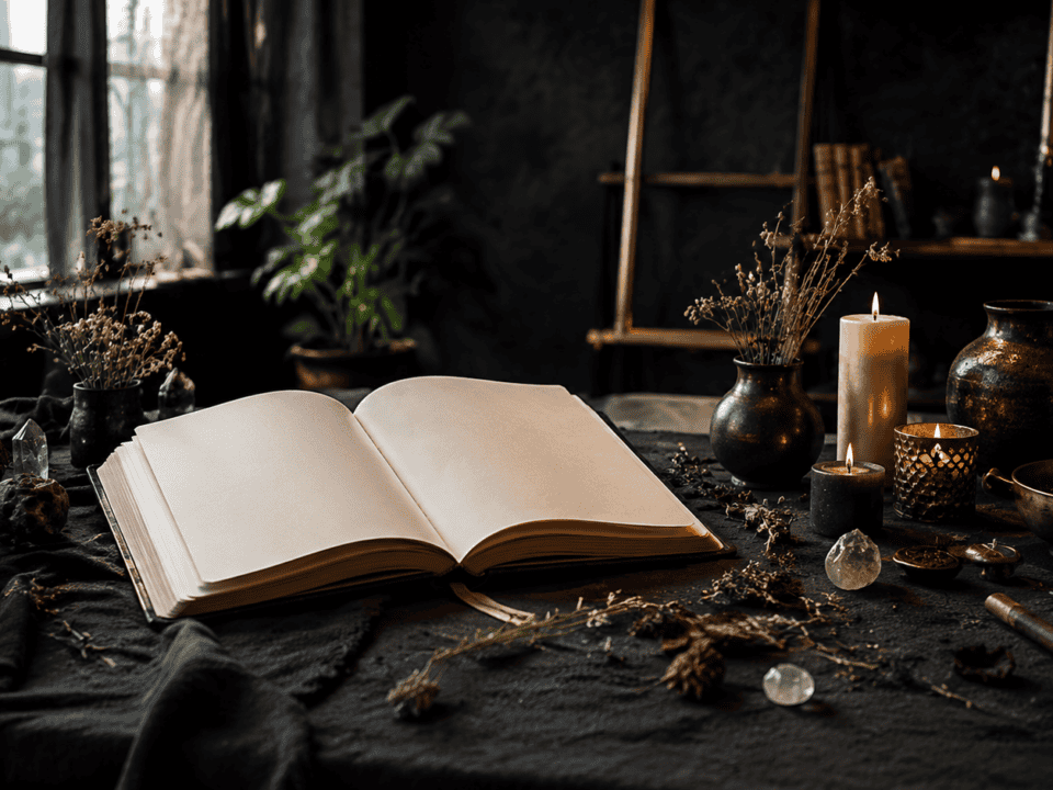 Open book surrounded by candles, crystals, and herbs in a mystical setting.
