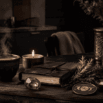 A warm coffee cup, candle, and natural decor on a wooden table for relaxation.