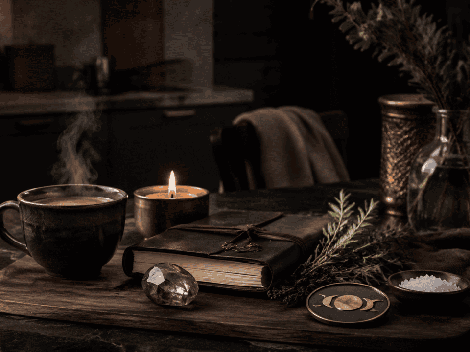 A warm coffee cup, candle, and natural decor on a wooden table for relaxation.