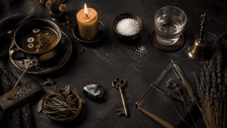 10 Simple Everyday Witchcraft Rituals 2 Spa setting with candle, herbs, salt, and wellness tools for relaxation.