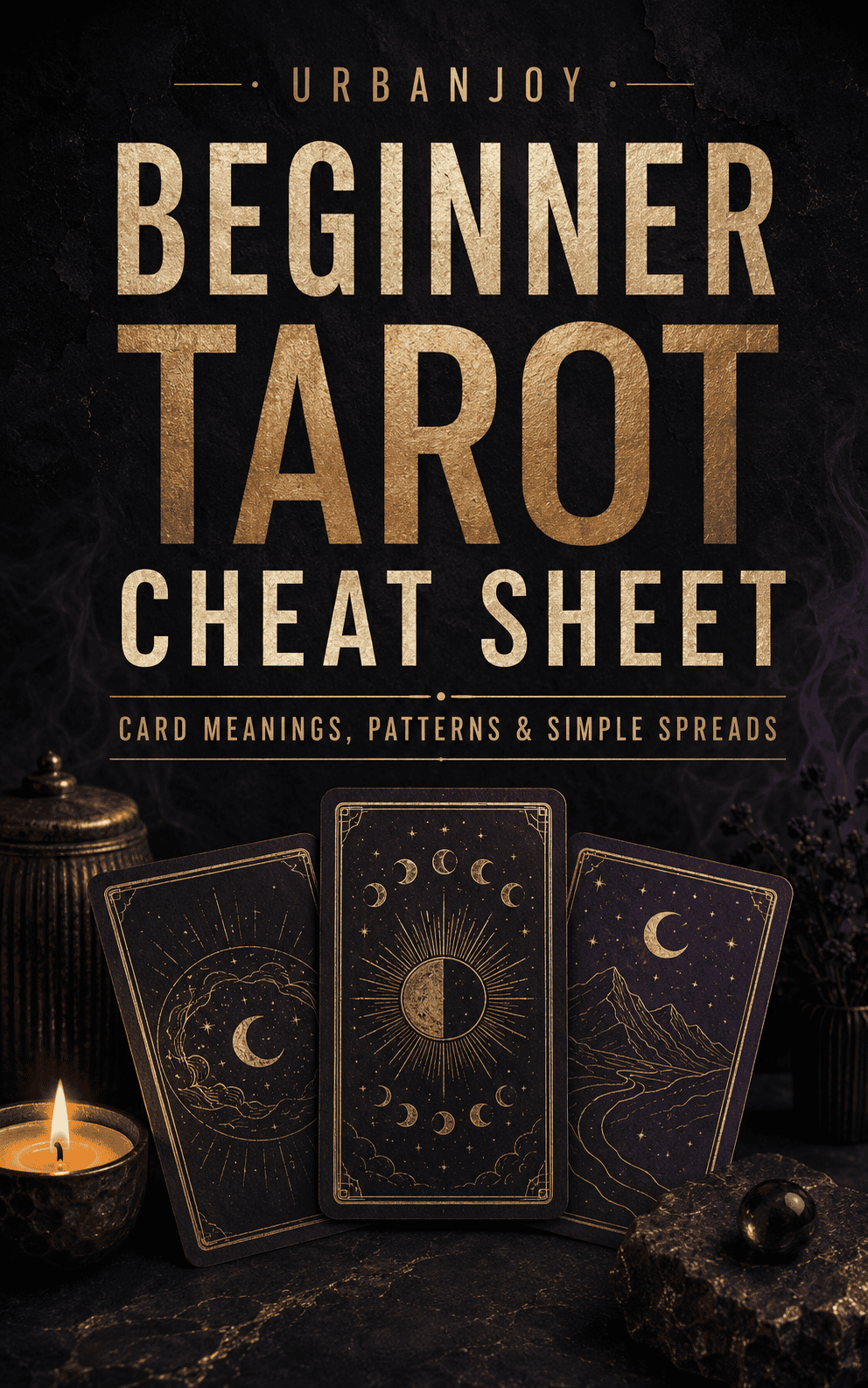 Beginner Tarot Cheat Sheet with cards and symbols for learning tarot.
