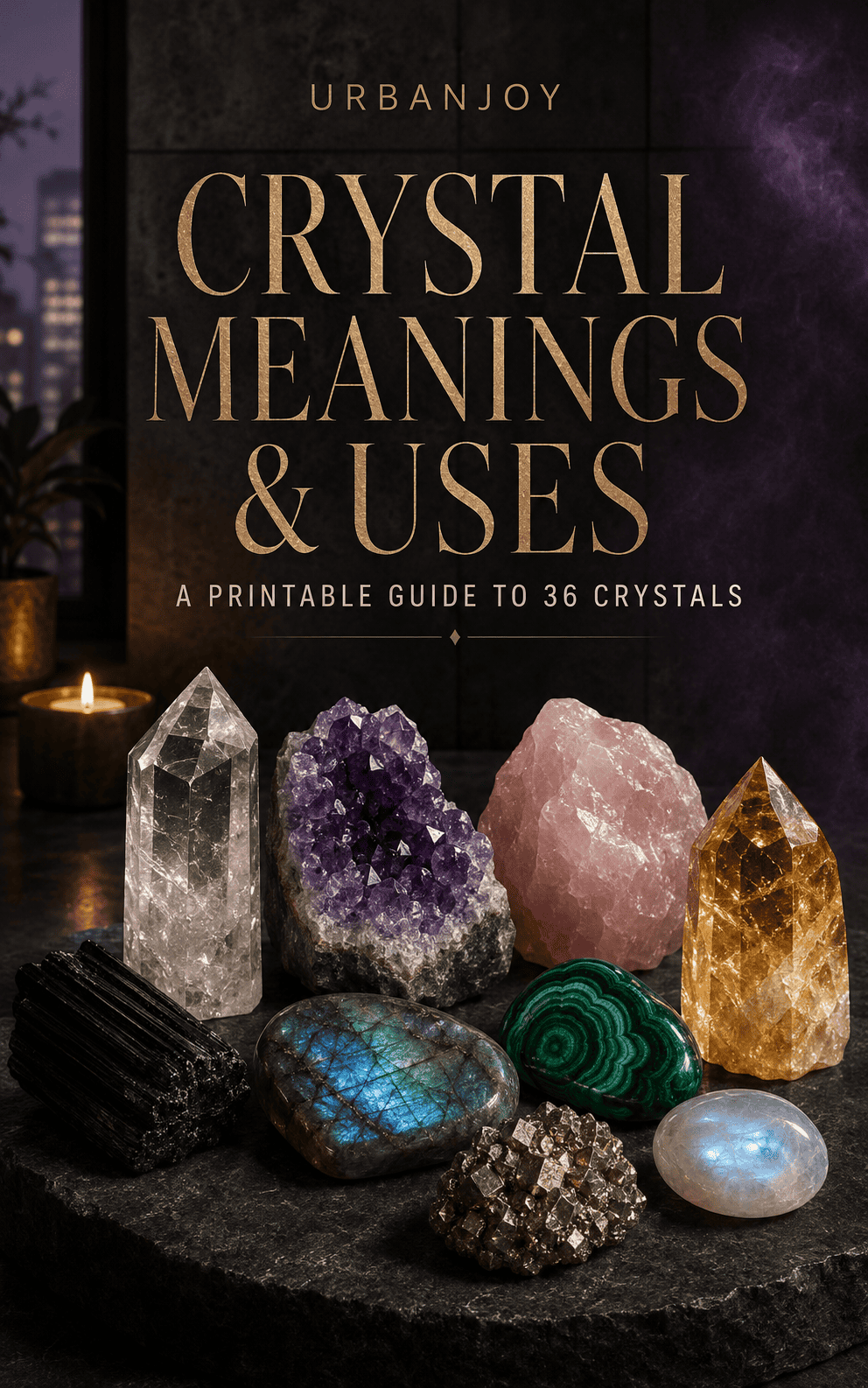 Guide to crystal meanings and uses with various crystals displayed.