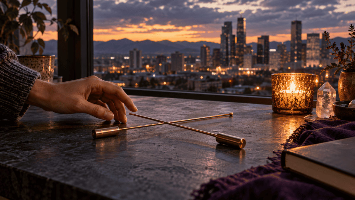 How Dowsing Rods Helped Me Trust My Intuition Through a Layoff 4 Dowsing rods intuition practice with a city skyline at sunset in the background.