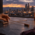 How Dowsing Rods Helped Me Trust My Intuition Through a Layoff 5 Dowsing rods intuition practice with a city skyline at sunset in the background.