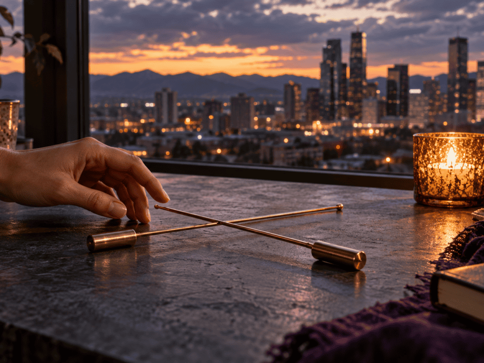 How Dowsing Rods Helped Me Trust My Intuition Through a Layoff 1 Dowsing rods intuition practice with a city skyline at sunset in the background.