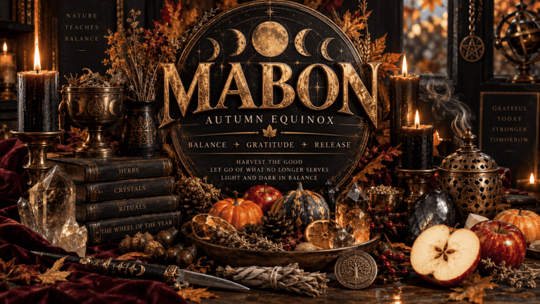 Autumn equinox Mabon altar with candles, pumpkins, and harvest symbols.