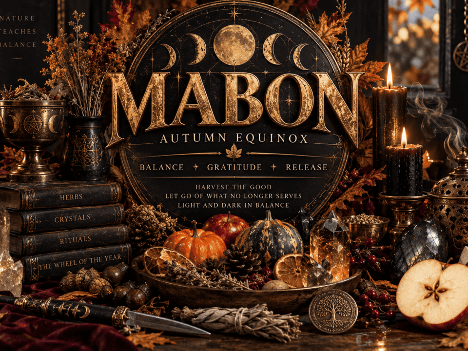 Autumn equinox Mabon altar with candles, pumpkins, and harvest symbols.